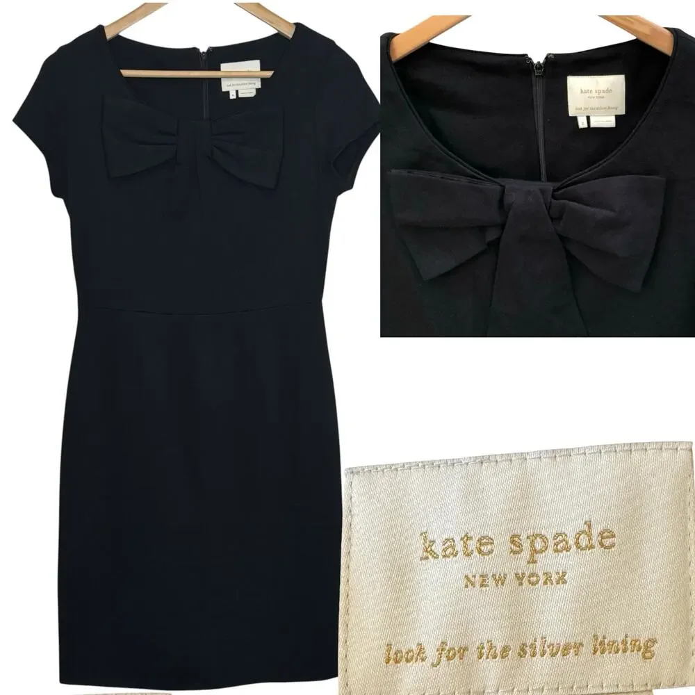 Classic Kate Spade Black Bow Neckline Cap Sleeve Size 6 Shift Dress LBD